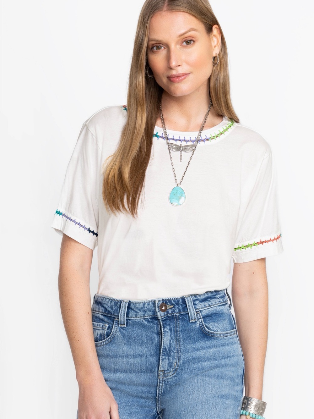 JOHNNY WAS CROCHET CREW NECK TEE White Short Sleeve Tee Rainbow Stitching (T3)
